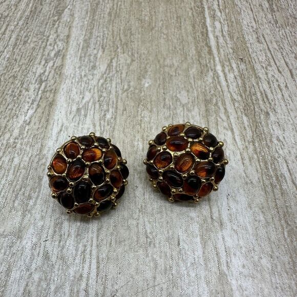 KJL Kenneth Jay Lane Tortoise Shell Cabochon Oval‎ Button Clip Earrings $135 - Picture 3 of 11
